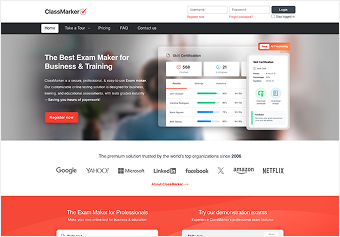 ClassMarker homepage screenshot from 2026.