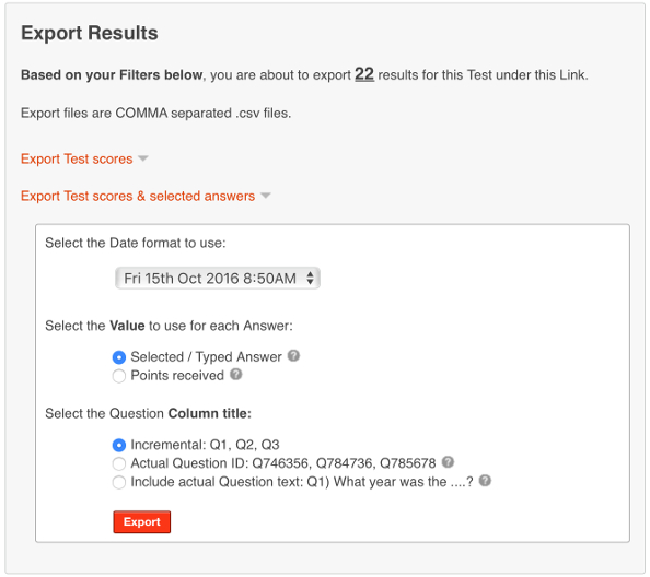 Quiz maker export results