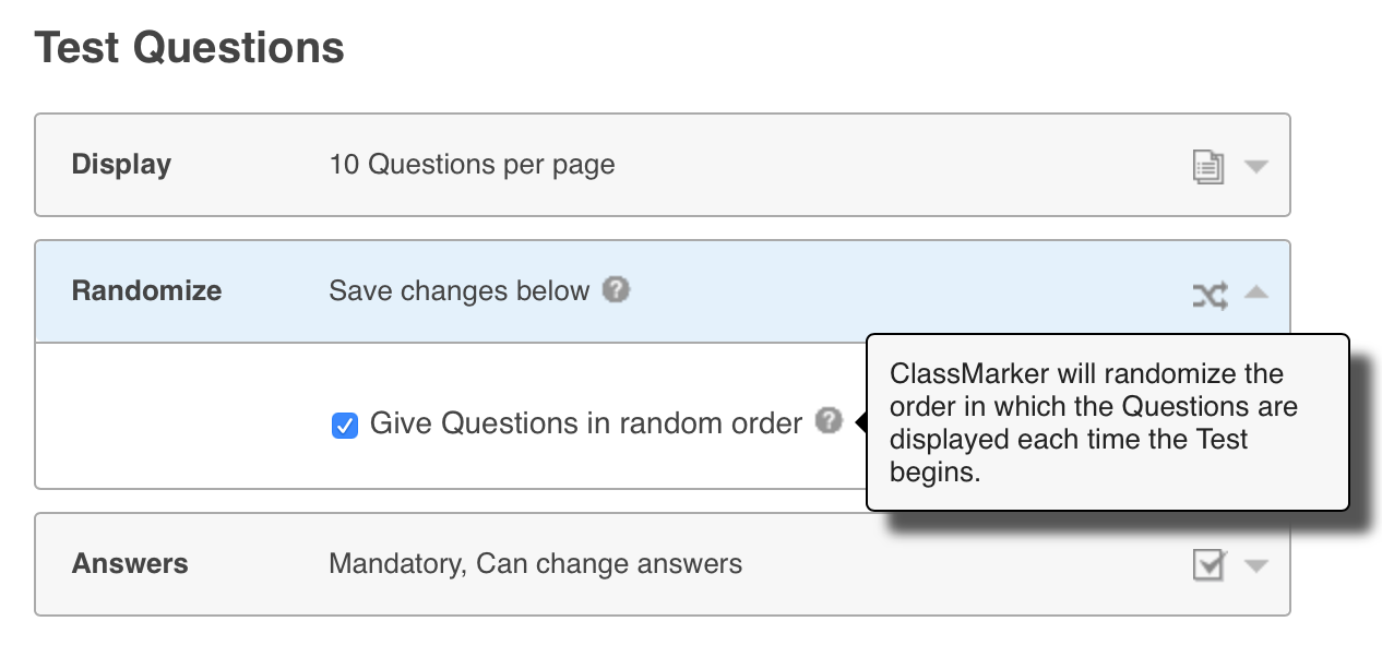 setting for Quiz Maker with Randomized Questions