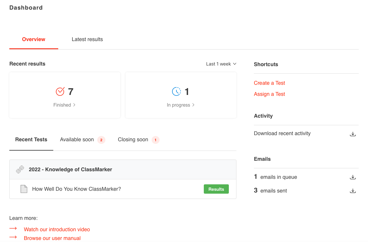 ClassMarker Quiz Maker Dashboard