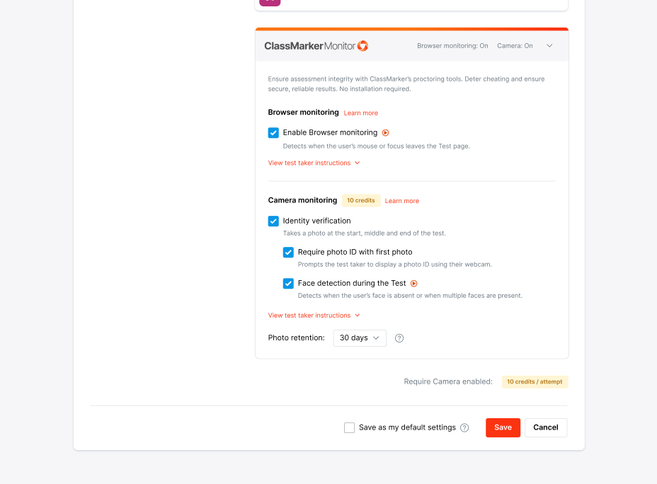 Automated Camera Proctoring Settings