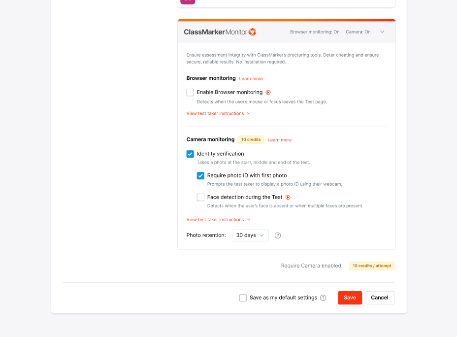 Automated Camera Proctoring Settings